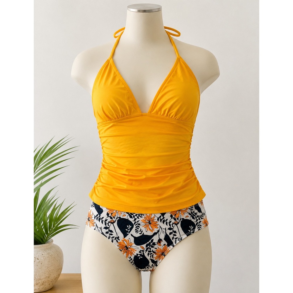 NWT Yellow Ruched Halter Tankini & High Waist Floral Bikini Swimsuit Bottom Sz M